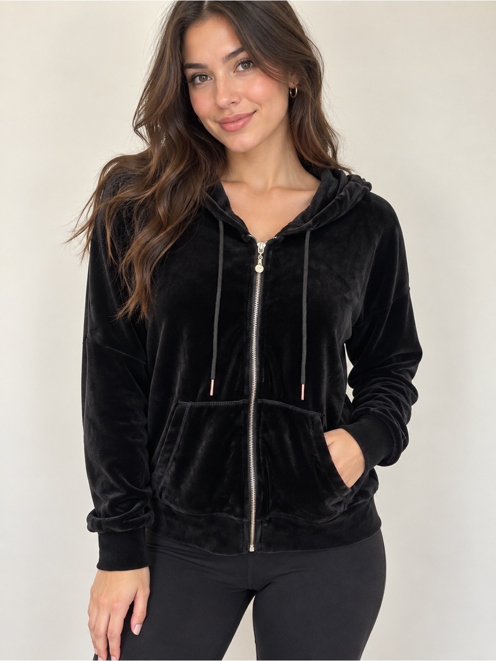 Velvet Zip-Up Hoodie in Black